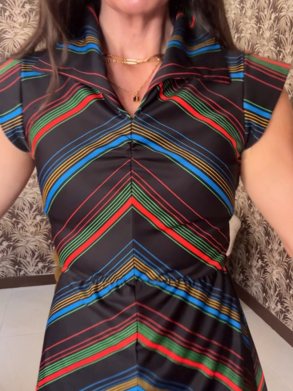 VTG 1970โs polyester Black Multi-Stripe V-Neck Cap-Sleeve fit & flare dress